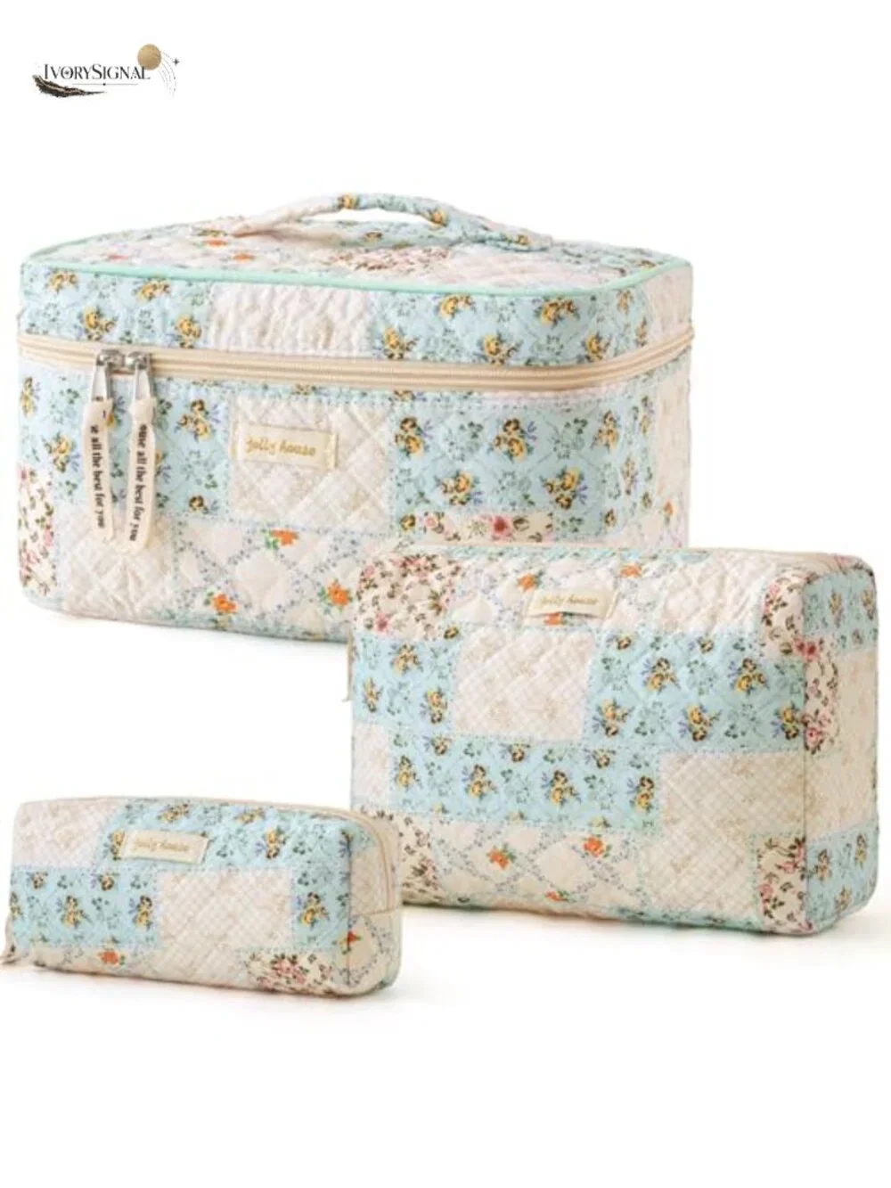 Quilted Cotton Makeup Bag Organizer Set of 3 with Gold-Plated Zipper